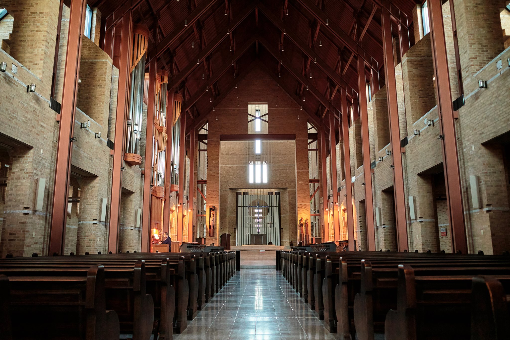 Ultra HDR version of the church interior with brighter altar windows and preserved warm brick tones.