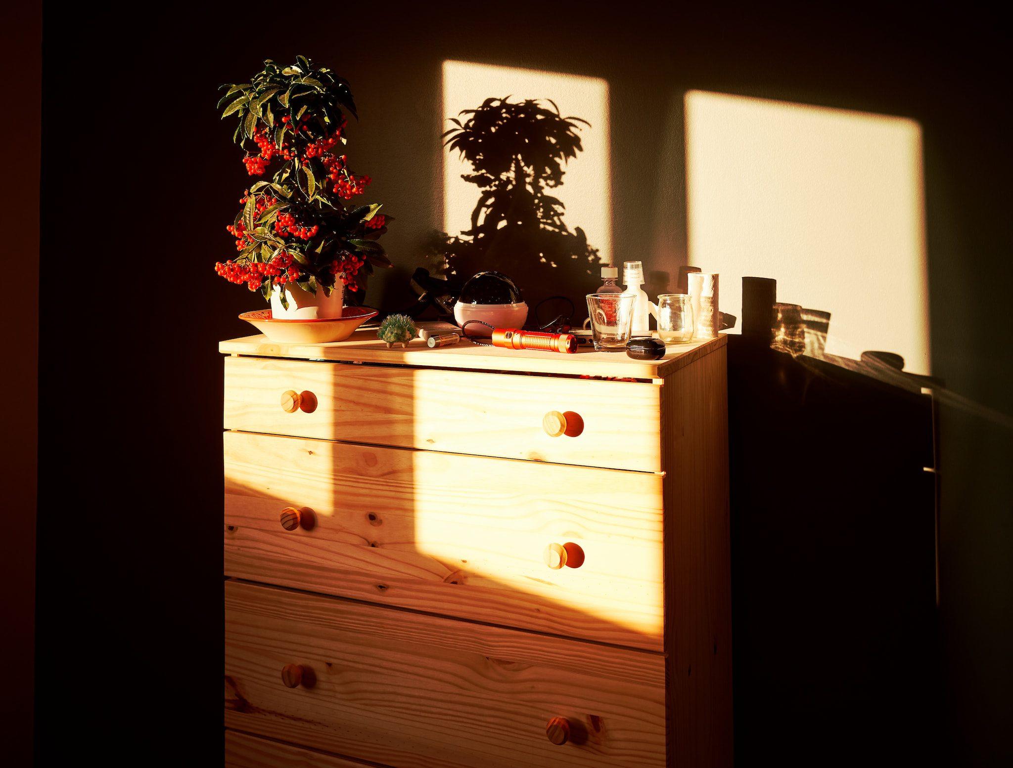 Keystone-corrected Fujifilm X100V SDR JPEG of a wooden dresser, red-berried plant, and hard late-afternoon sunlight.