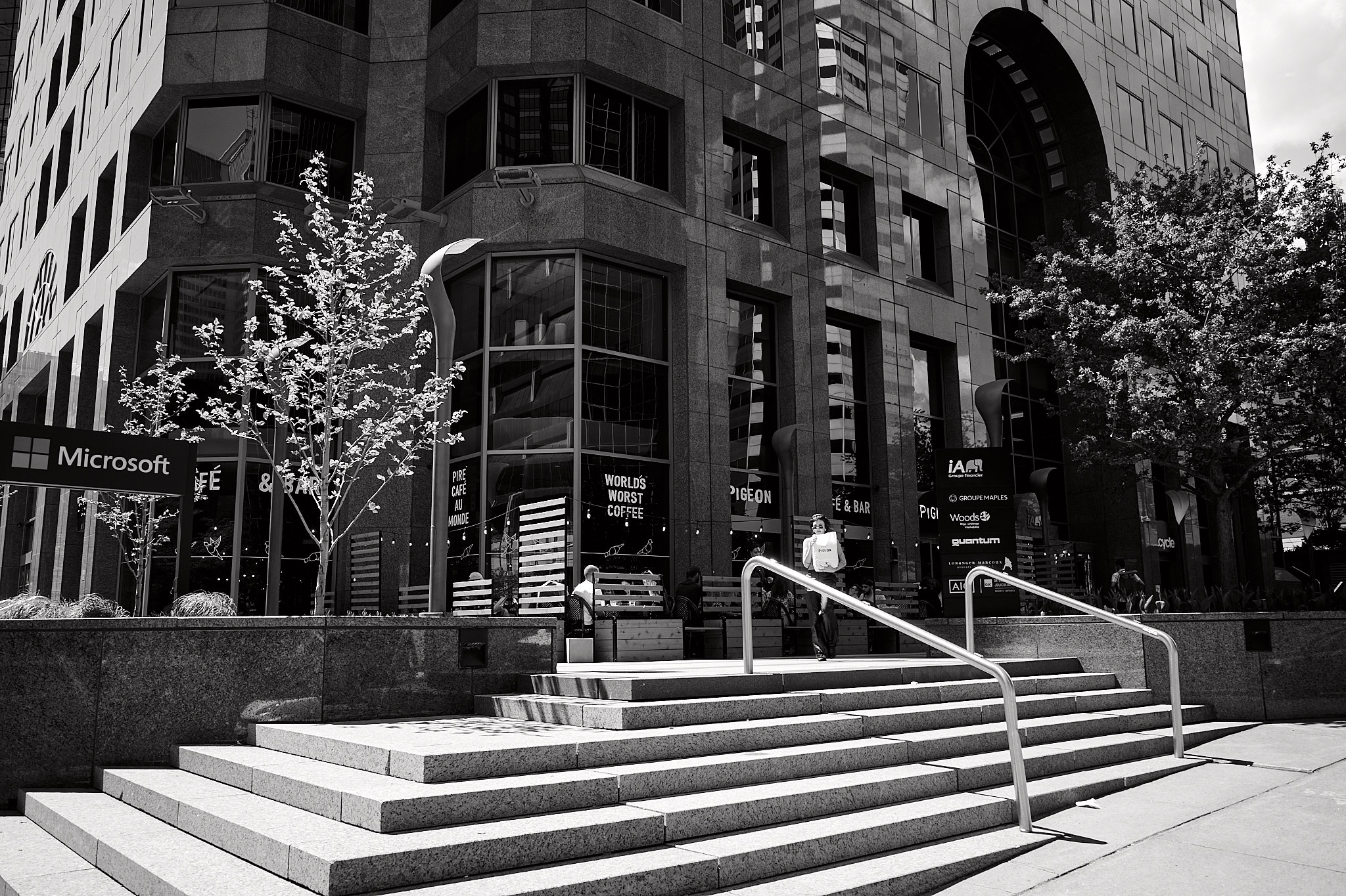 Ricoh GR III SOOC Monotone JPEG of a downtown building facade with steps, trees, and bright midday light.